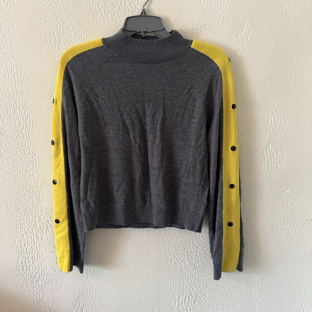 PRVLG Wool Sweater Gray Yellow Women's Size M Buttons Striped Long Sleeve